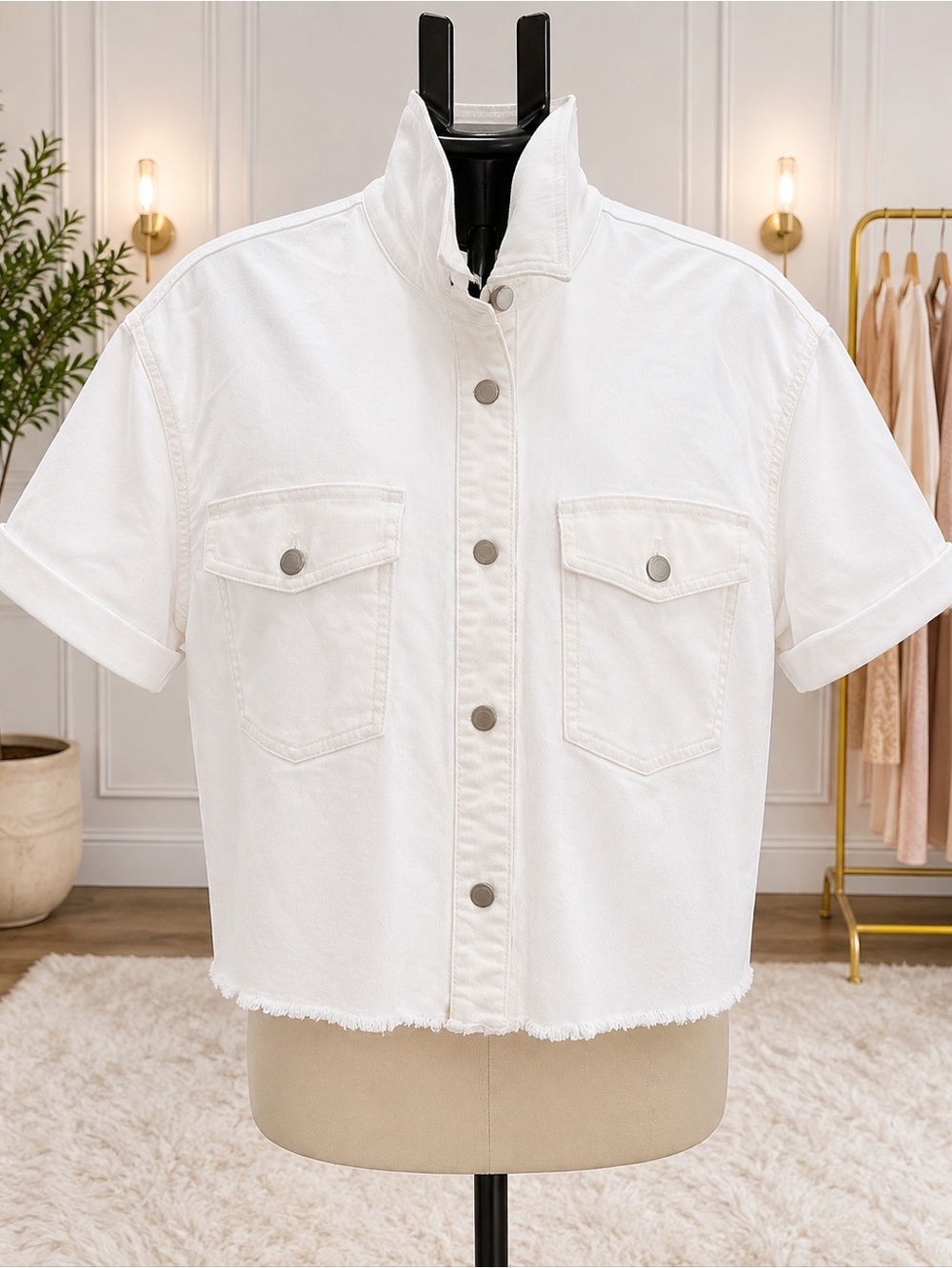 Simply Vera Vera Wang XL White Cropped Denim Jacket Short Sleeve Raw Hem
